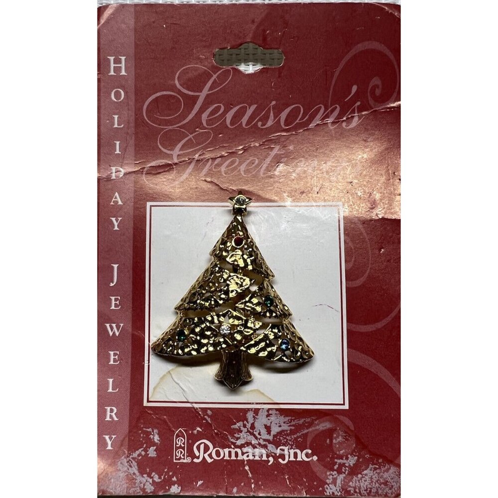 Vintage Roman Goldtone Christmas Tree Brooch Pin w/ Star & Rhinestones